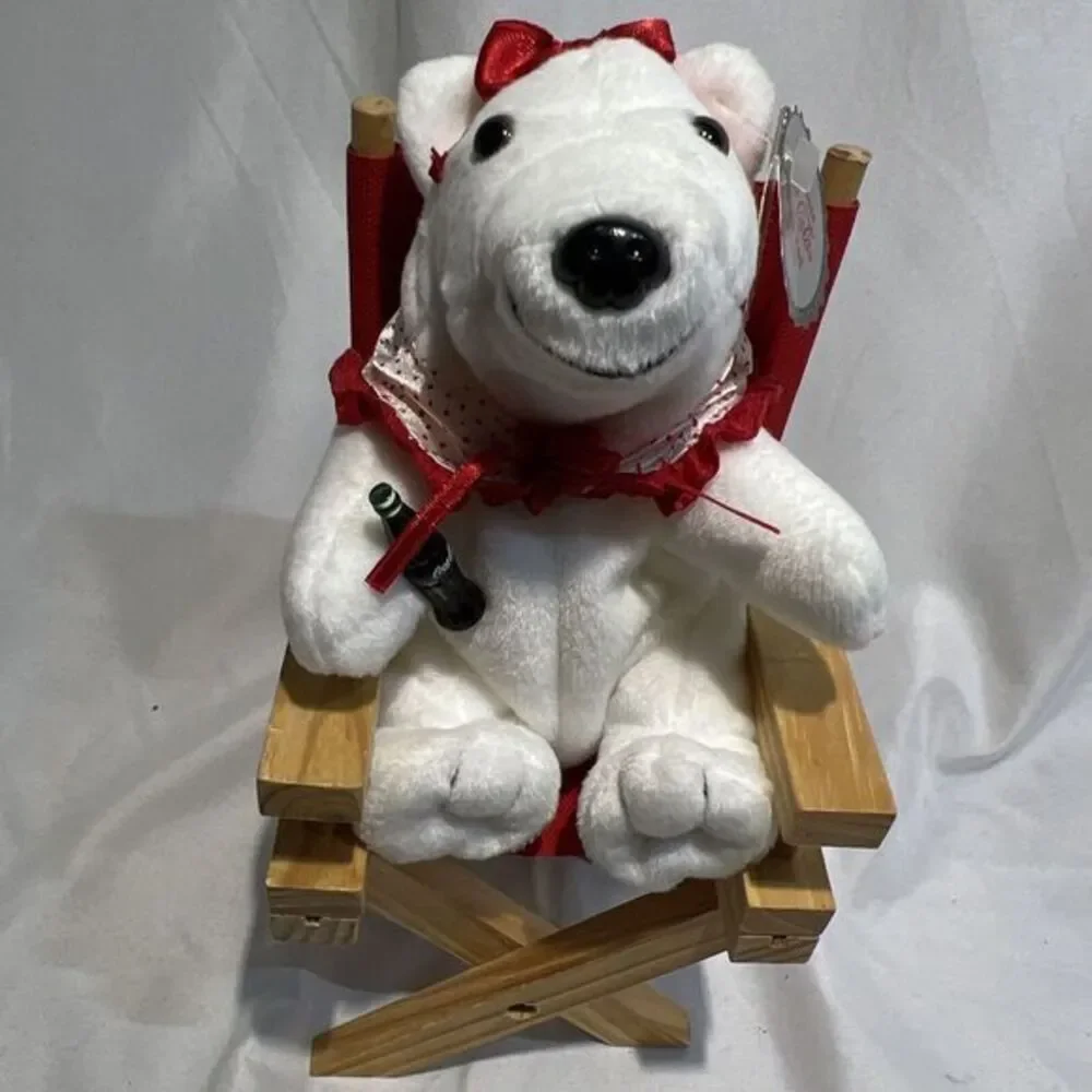 Coca Cola 1998 Polar Bear 5.5‎ Inch Plush in Wood Directors Chair Coke Bottle
